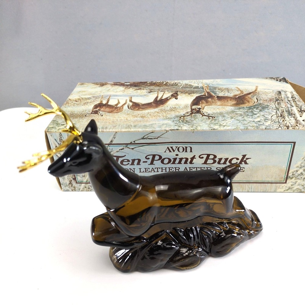 Vintage 70s Avon Ten-Point Buck Deer Glass Empty Leather After Shave Bottle +Box